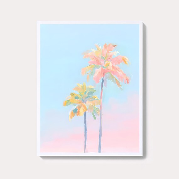 Pastel Palm Trees Against Blue And Pink Sky Tropical Wall Art