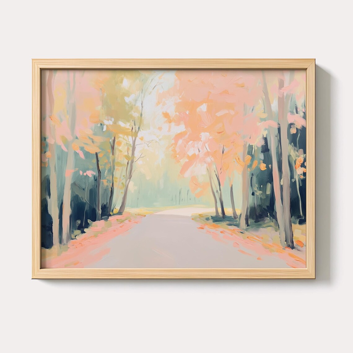 Pink Autumn Forest Path Impressionist Pastel Landscape Art Poster