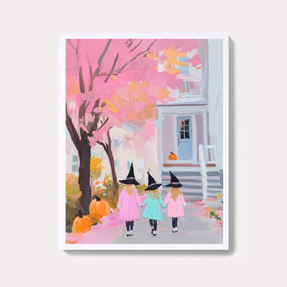 Pink Halloween Witches Art Print Spooky Cute Trick Or Treat Painting Girls Room Autumn