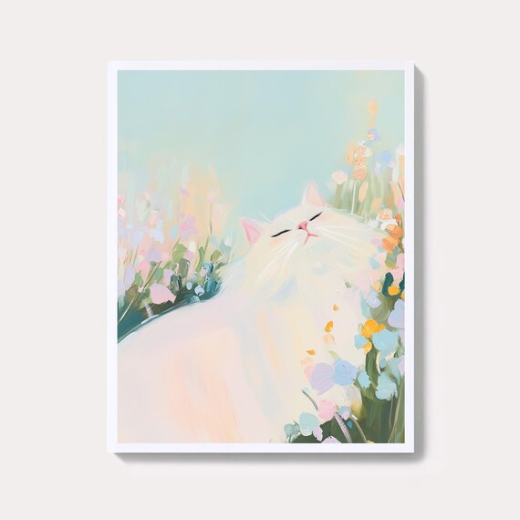 Fluffy White Cat Sleeping Among Pastel Wildflowers Art Poster