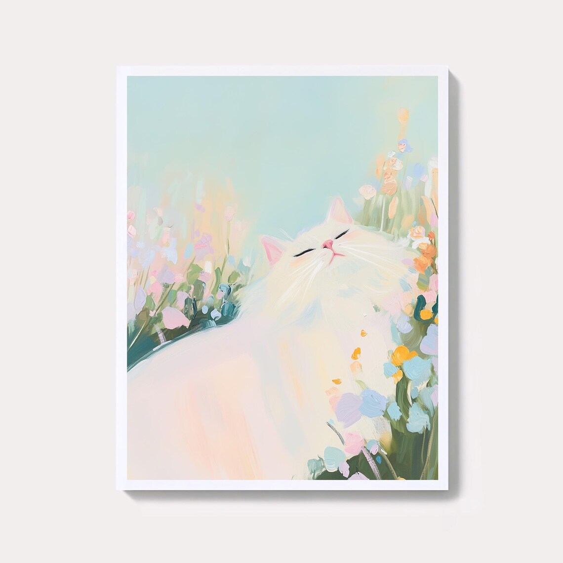 Fluffy White Cat Sleeping Among Pastel Wildflowers Art Poster