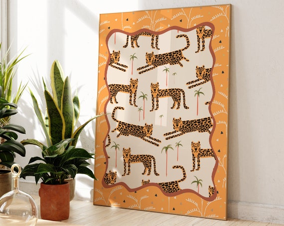Leopard Maximalist Wall Art Unframed Boho Yellow Jungle Animal Home Decor Bathroomliving Roombedroom Art