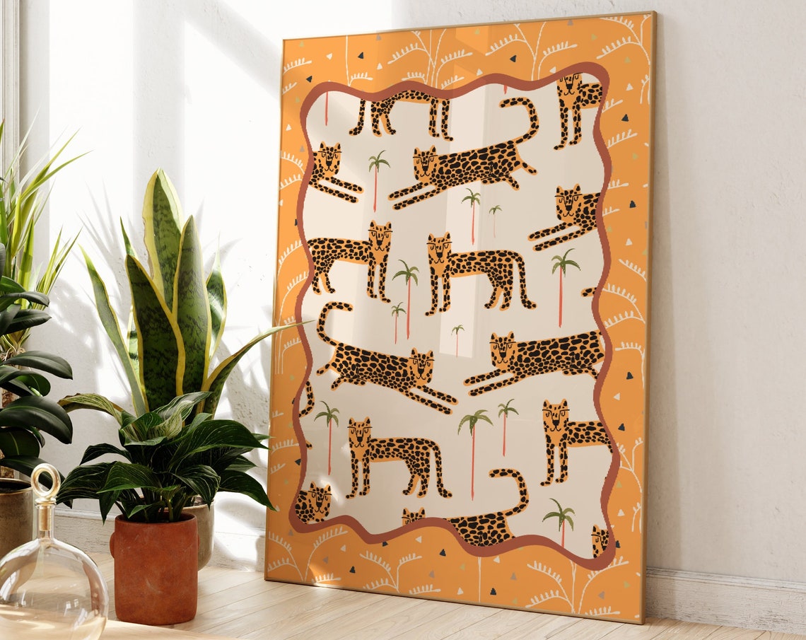 Leopard Maximalist Wall Art Unframed Boho Yellow Jungle Animal Home Decor Bathroomliving Roombedroom Art