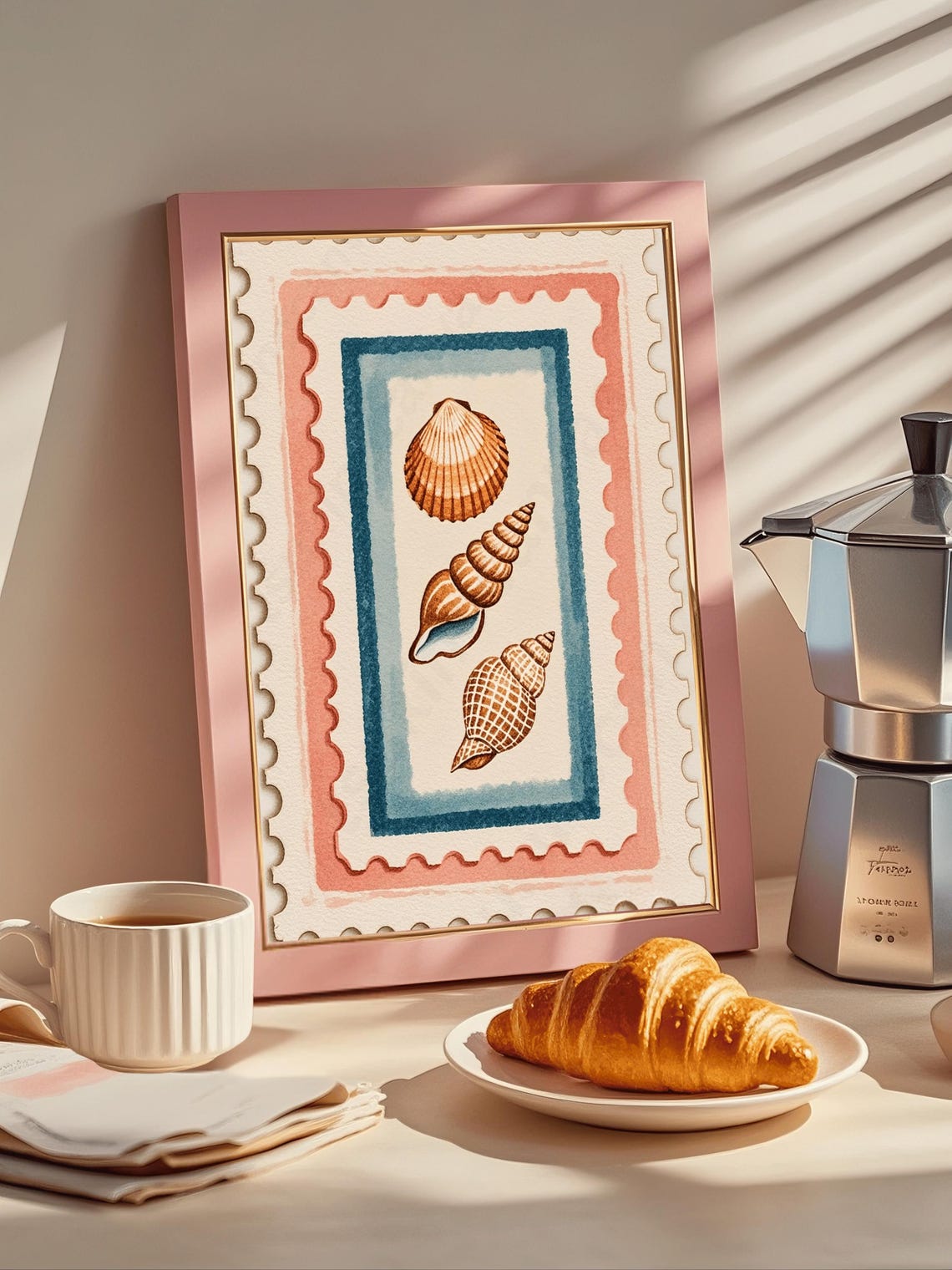 Seashell Trio Vintage Postage Stamp Style Coastal Cottage Art Print