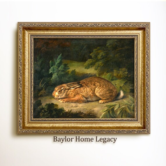 Brown Rabbit Crouching Woodland Edge Vintage Bunny Painting Art Print