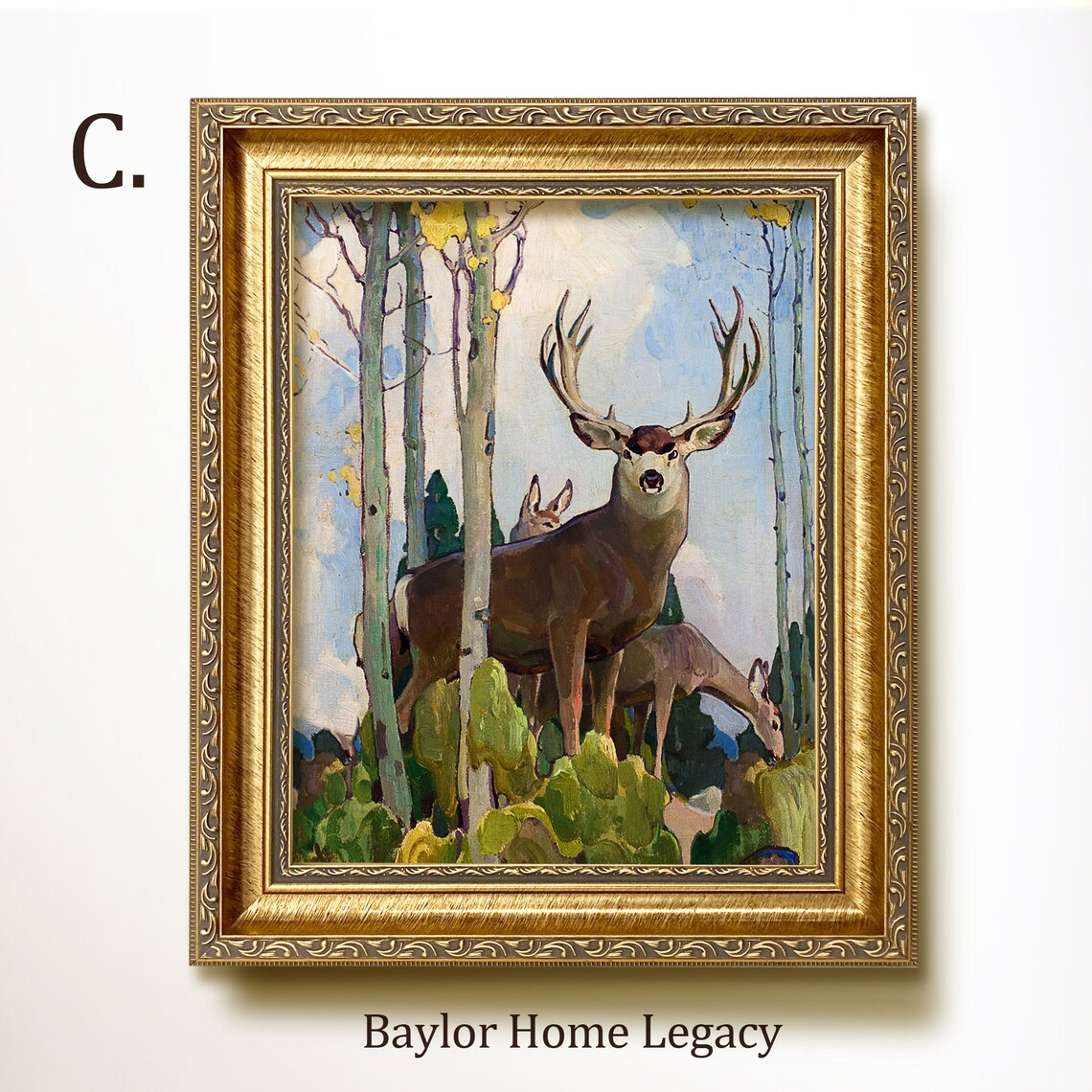 Mule Deer Buck with Antlers in Aspen Grove Vintage Wildlife Art Poster - Image 3