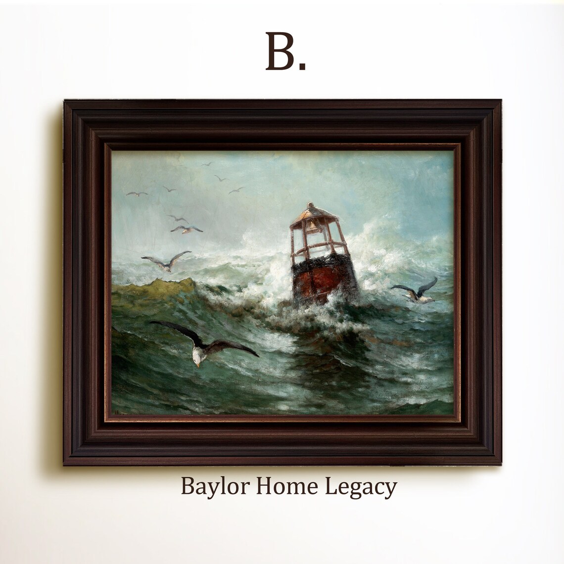 Buoy in Rough Seas with Seagulls, Vintage Seascape Art Print - Image 4