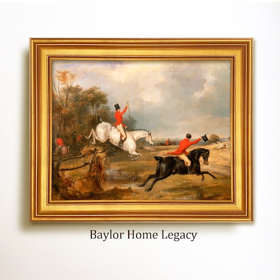Fox Hunt Riders Jumping Fence On Horseback Vintage British Sporting Poster