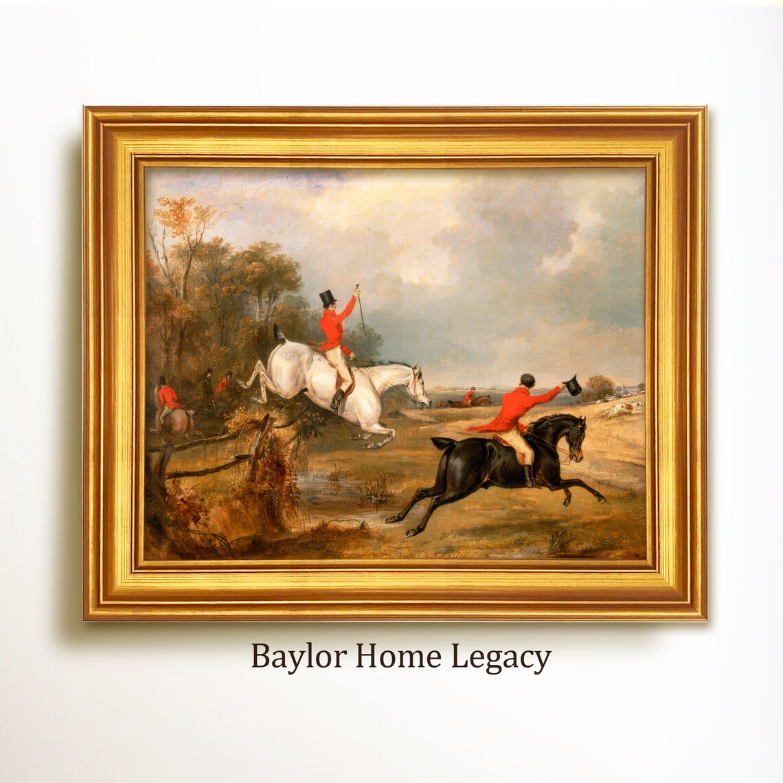 Fox Hunt Riders Jumping Fence On Horseback Vintage British Sporting Poster