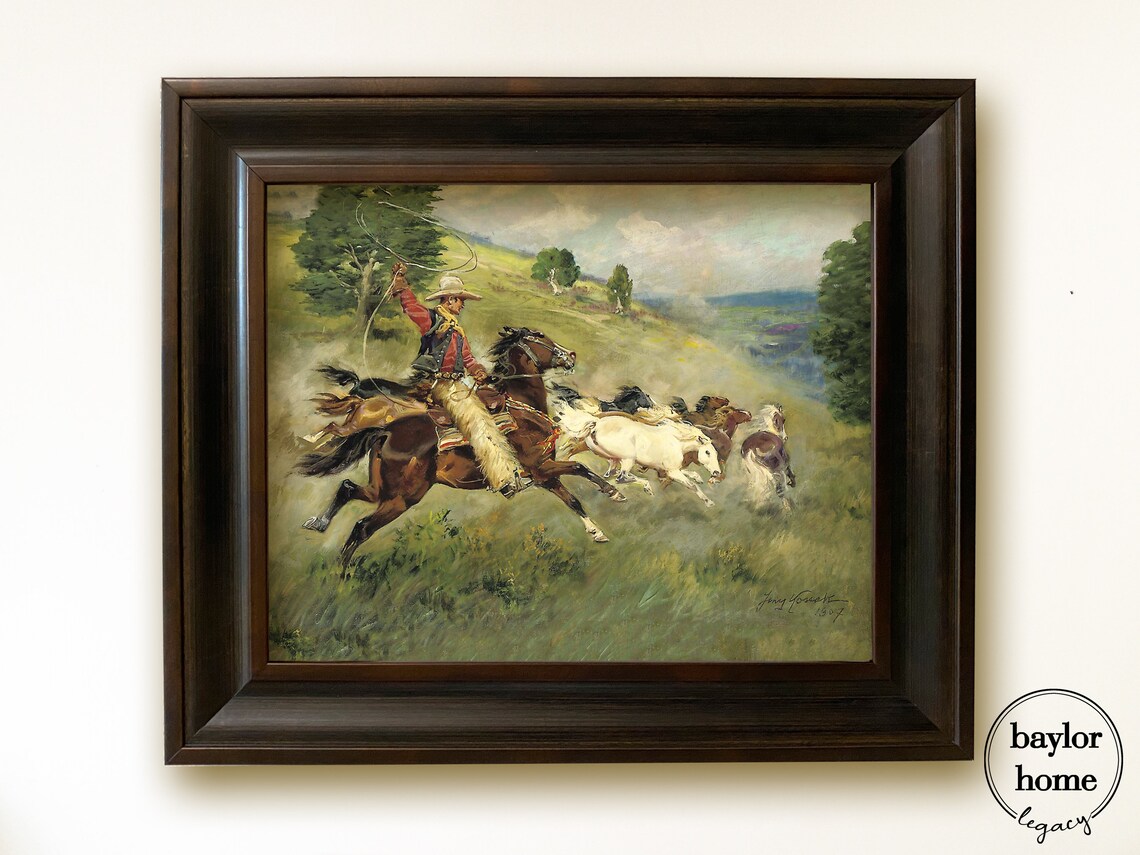 Vintage Cowboy Lassoing Wild Horses Western Rodeo Action Art Poster