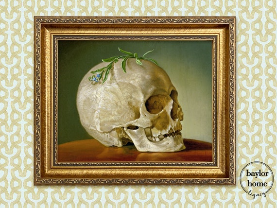 Framed Skull Oil Painting Print On Vintage Skull Artwork Framed In A Gold Ornate Wood Frame