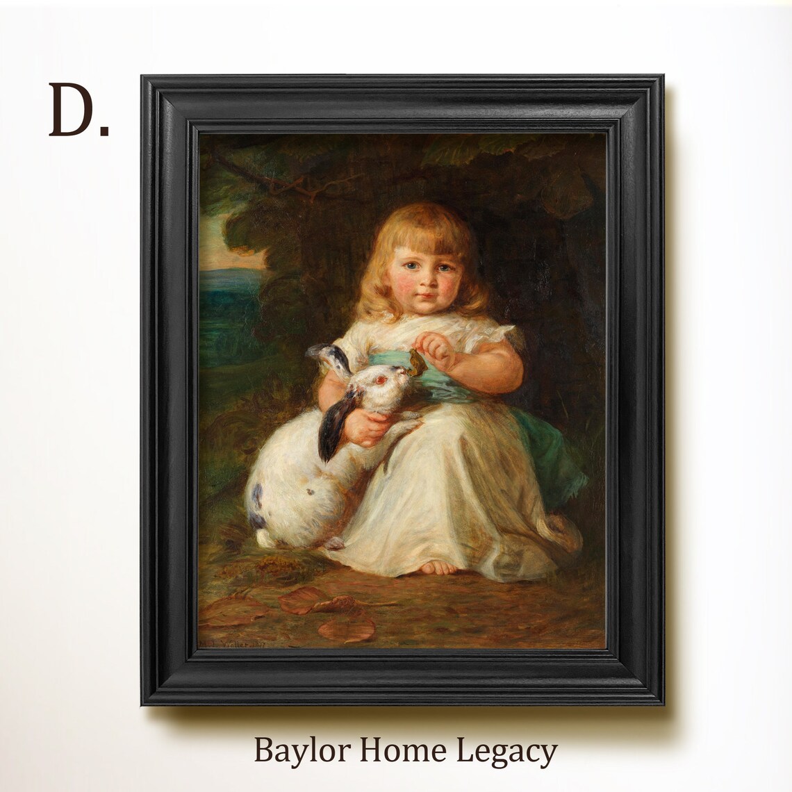 Young Girl Holding a White Rabbit Vintage Child Portrait Painting Art Poster - Image 2