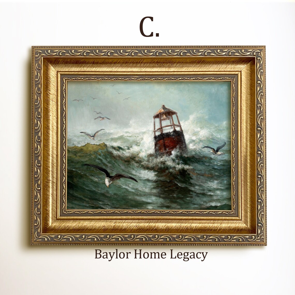 Buoy in Rough Seas with Seagulls, Vintage Seascape Art Print - Image 3