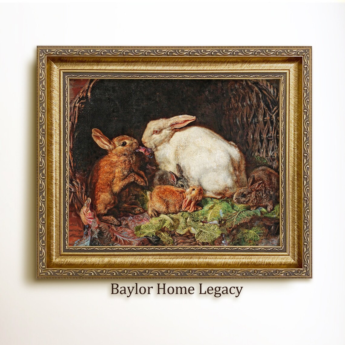 Antique Rabbit Oil Painting Art Print, Vintage Rustic