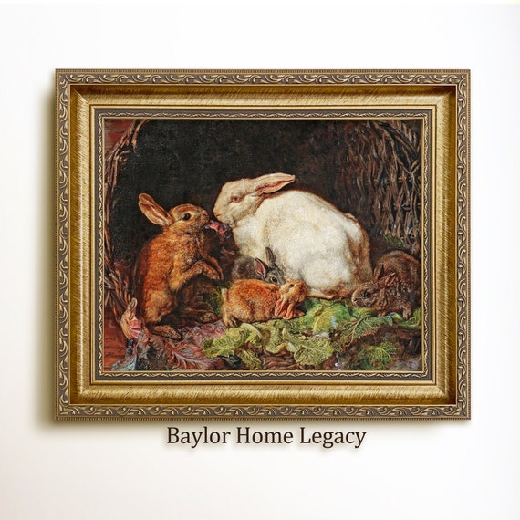 Antique Rabbit Oil Painting Art Print, Vintage Rustic