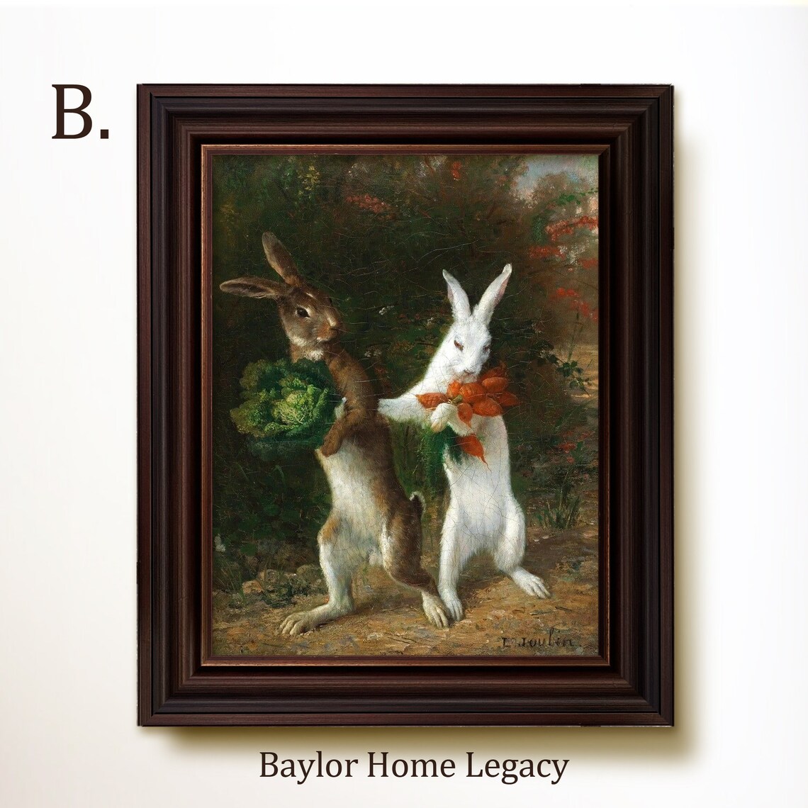 Walking Rabbits Antique Oil Painting Art Print - Image 4