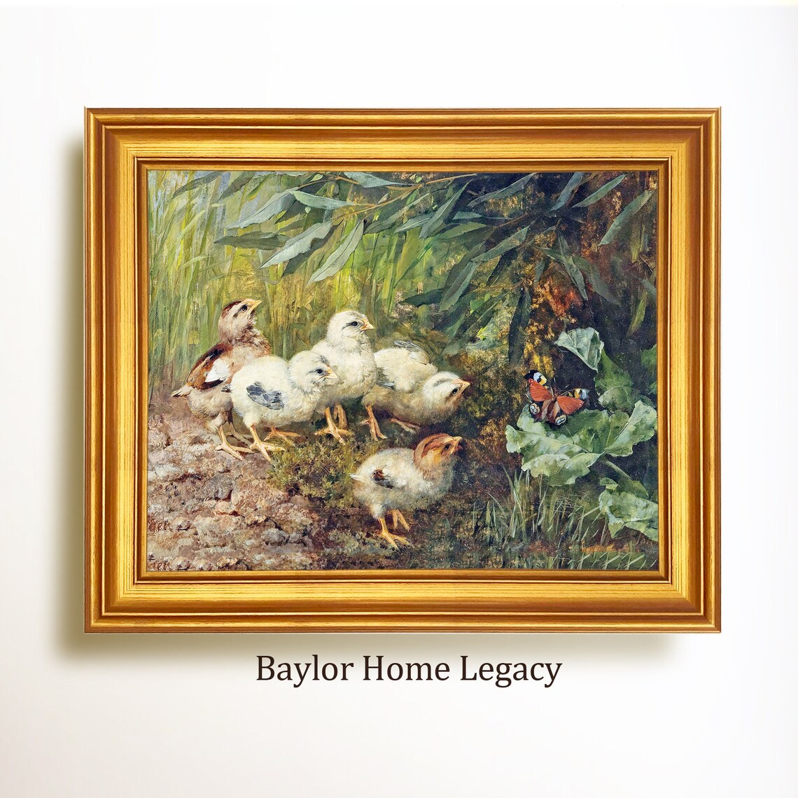 Baby Chicks With Butterfly Vintage Farmyard Oil Painting Art Print