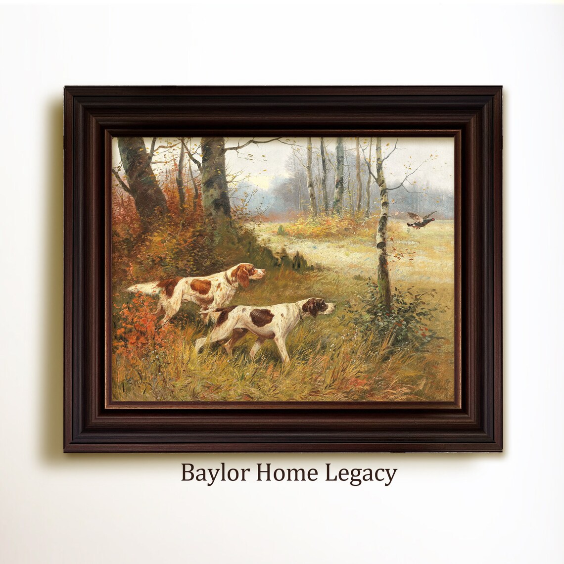Pointers Hunting Pheasant, Vintage Oil Painting Art Print