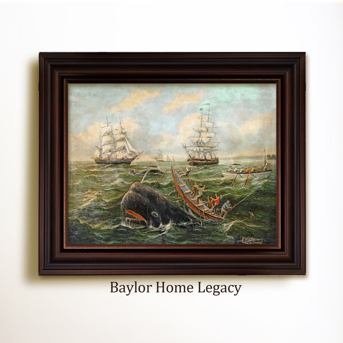 Vintage Whaling Scene Art Print, Nautical Oil Painting