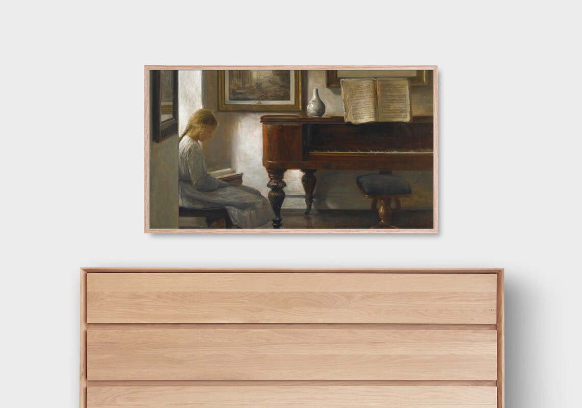Vintage Girl Reading By Piano Quiet Interior Scene Oil Painting Poster - Image 3