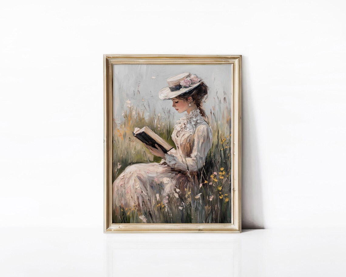 Victorian Woman Reading Wildflowers Cottagecore Book Lover Wall Art - Image 4