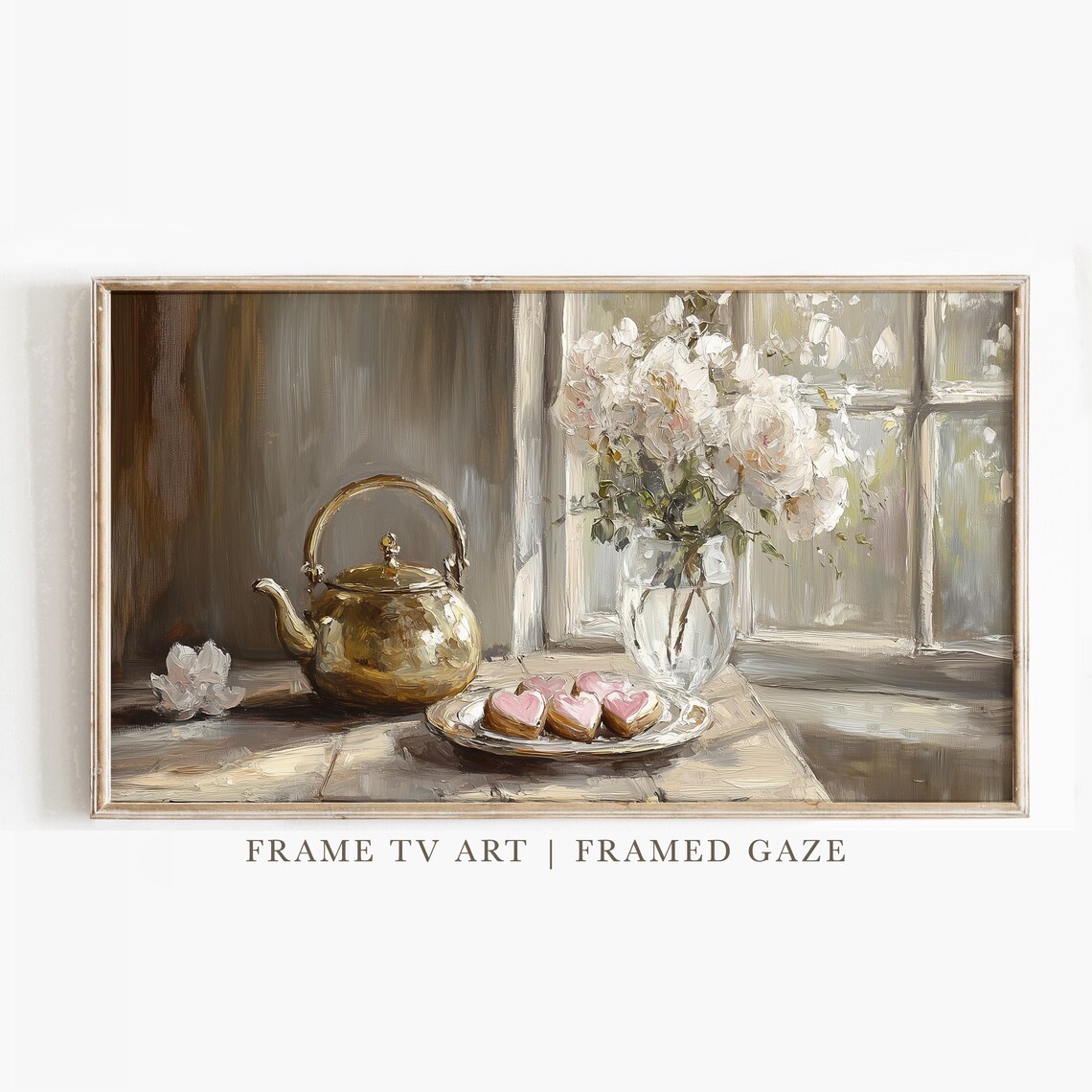 Cozy Tea Still Life Brass Kettle Heart Cookies Peonies Window Poster