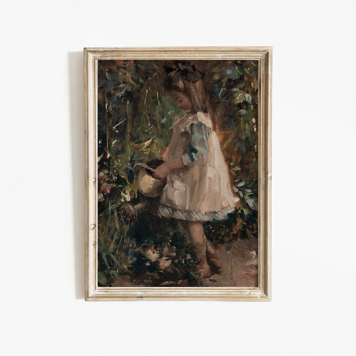 Girl Watering Flowers Garden Vintage Childhood Portrait Poster