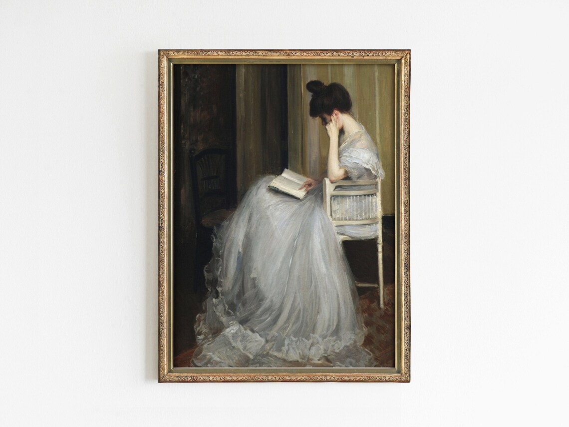 Woman in White Dress Reading Chair Vintage Classic Portrait Poster - Image 3