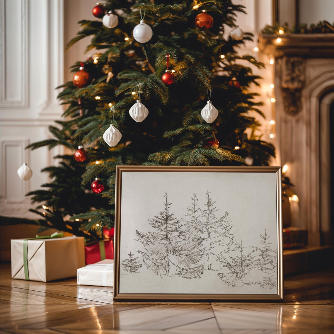 Vintage Pine Tree Sketch Art Print, Neutral Holiday Decor - Image 4