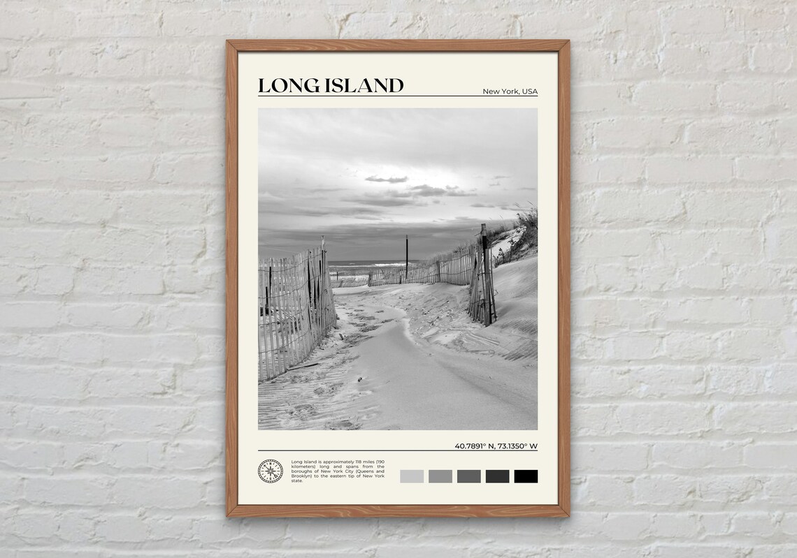 Black and White Long Island Art Print, Coastal Decor