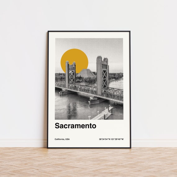 Sacramento Minimalist Travel Poster, Retro Skyline Art