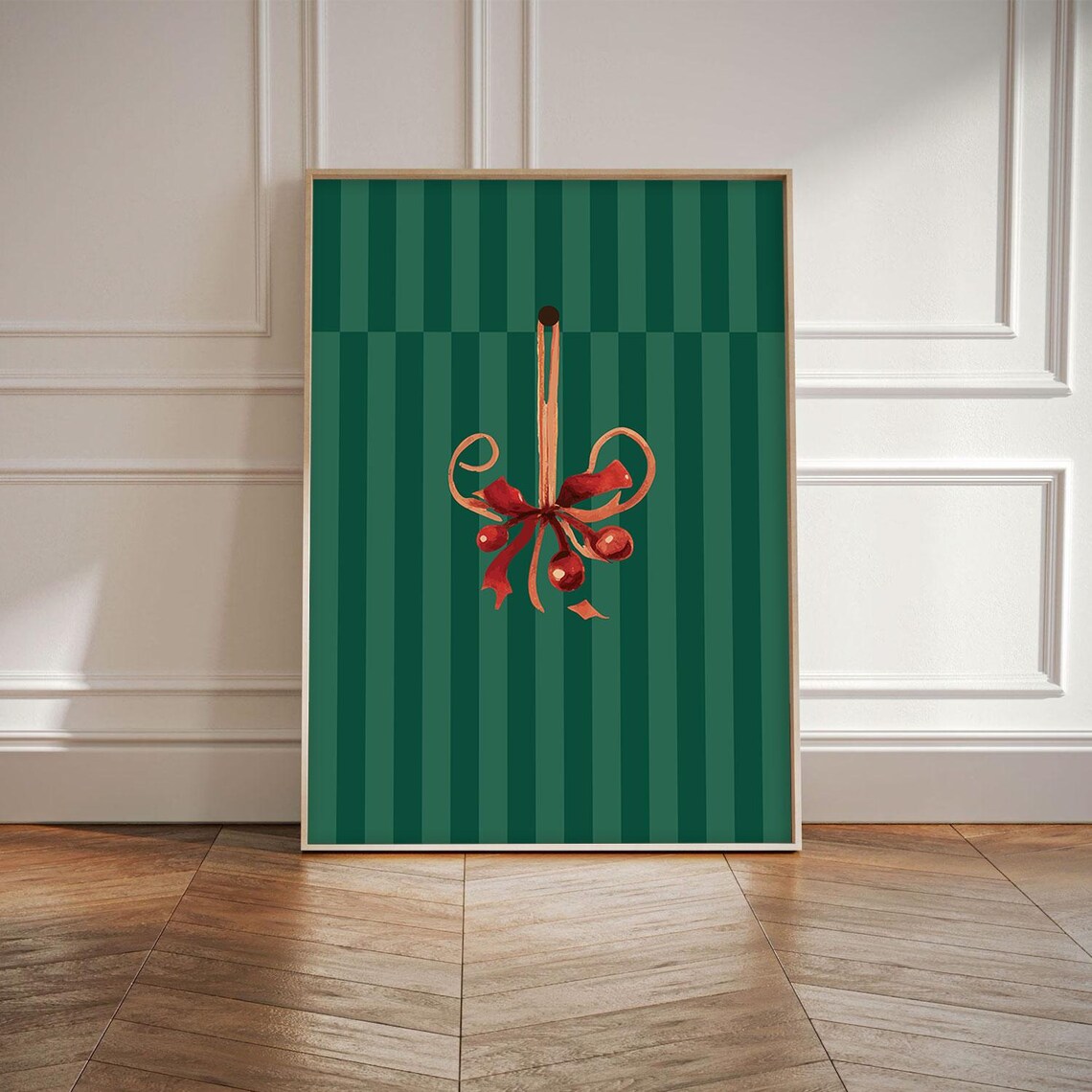 Classic Hanging Christmas Ornament Red Ribbon Green Stripes Poster - Image 2