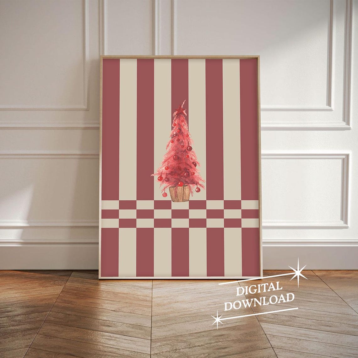 Red Striped Potted Christmas Tree Vintage Retro Holiday Wall Art