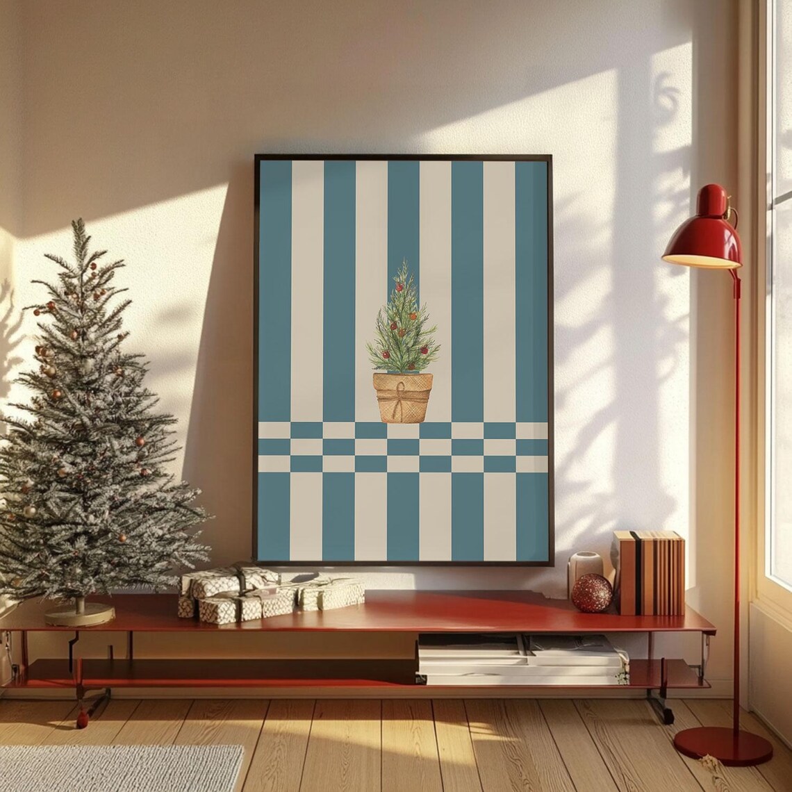 Teal Striped Potted Christmas Tree Retro Holiday Vintage Wall Art - Image 4