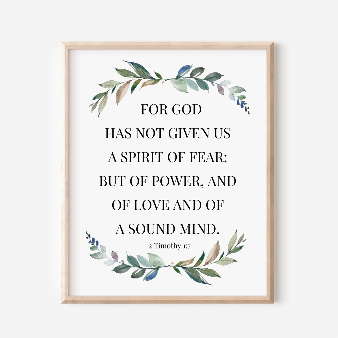 2 Timothy 1:7 Eucalyptus Leaf Border Elegant Scripture Typography Poster