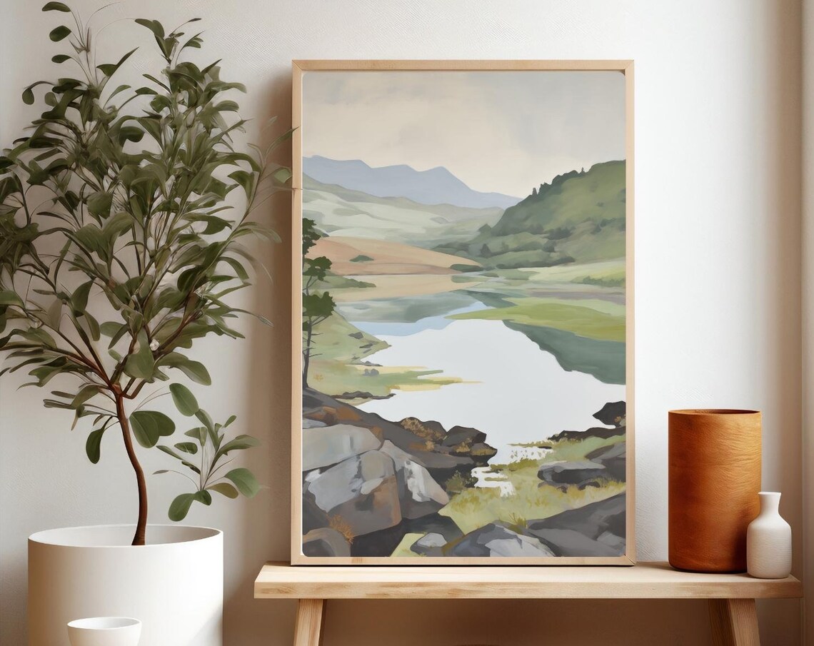 Serene Mountain Lake Painting Rocky Shoreline Green Valley Poster