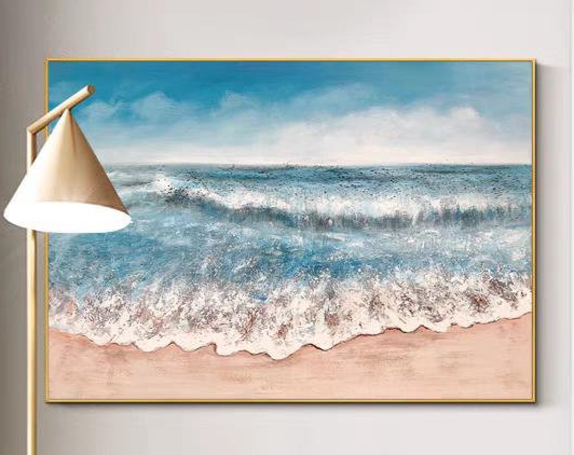 Ocean Waves Washing onto Sandy Beach Blue Seascape Art Poster