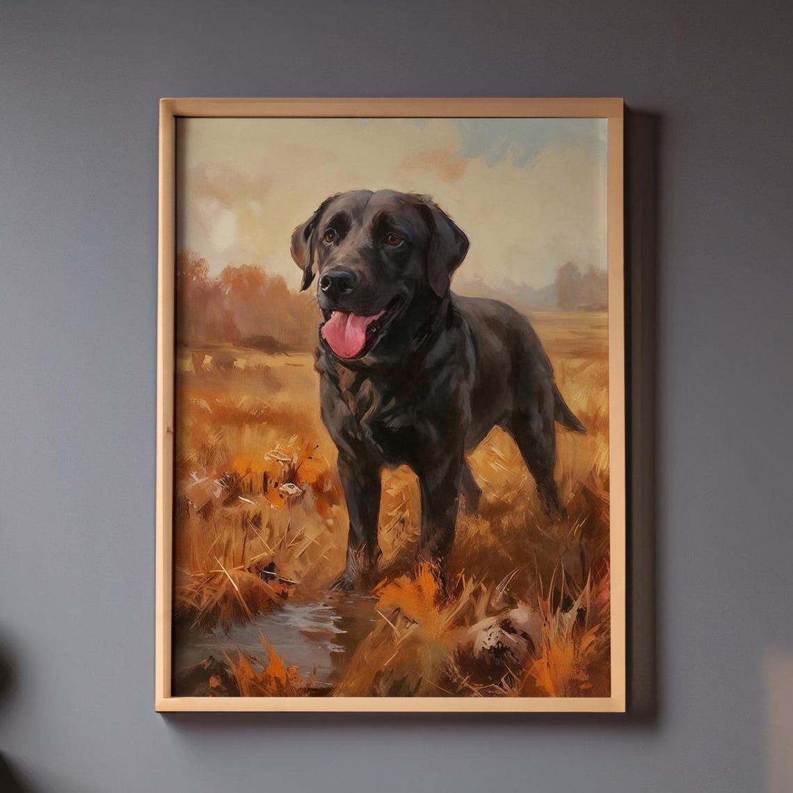 Happy Black Labrador Retriever Rustic Autumn Field Painting Print