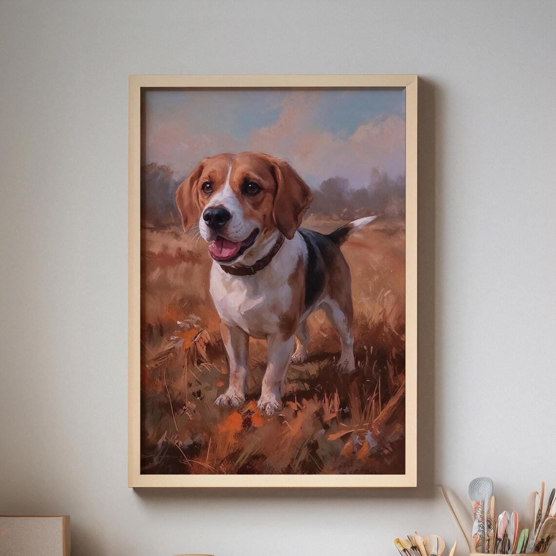 Beagle Dog Rustic Oil Painting in Autumn Field Artwork Poster
