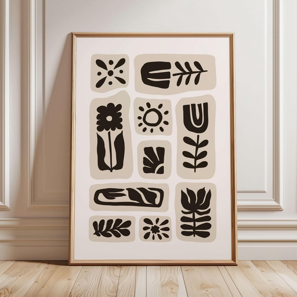 Abstract Botanical Beige And Black Modern Minimalist Floral Poster