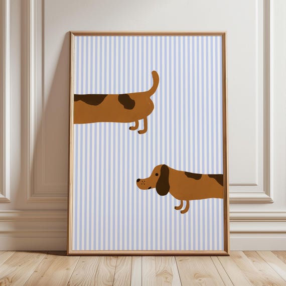 Dachshund Wall Print Weiner Dog Sketch Art Blue Stripes Nursery Kids Room Decor Danish Cute