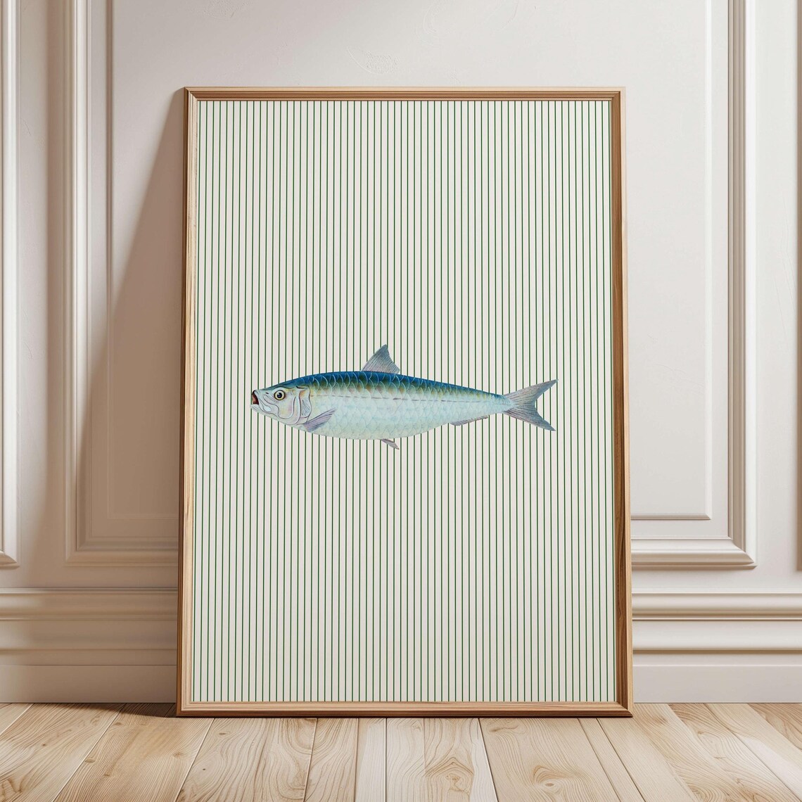 Vintage Sardine Fish Illustration On Green Striped Kitchen Poster