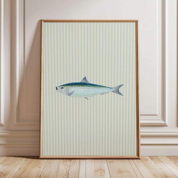 Fish With Green Stripes Print Sardines Kitchen Wall Art Whimsical Dining Room Prints Vintage Food
