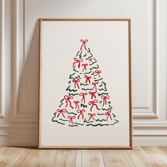 Christmas Tree With Red Bows Whimsical Hand Drawn Holiday Poster