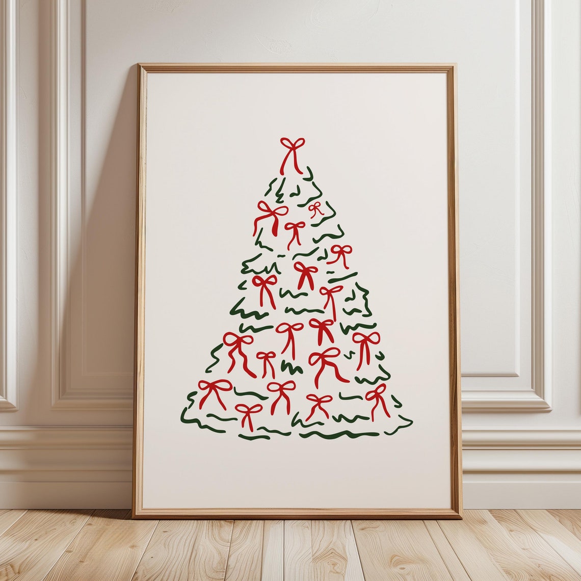 Christmas Tree With Red Bows Whimsical Hand Drawn Holiday Poster