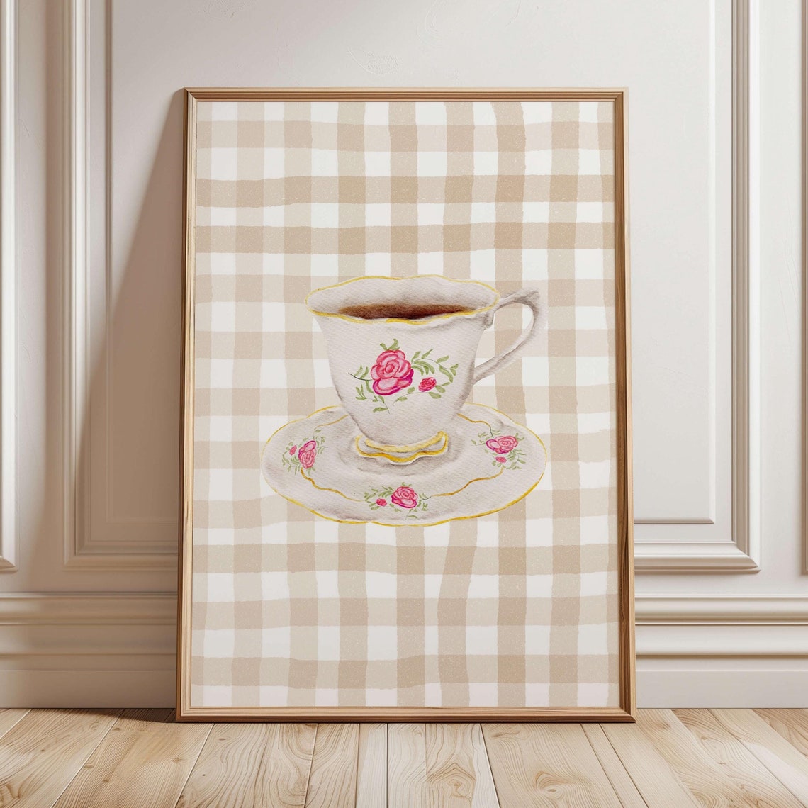 Whimsical Rose Teacup On Beige Gingham Check Kitchen Wall Poster