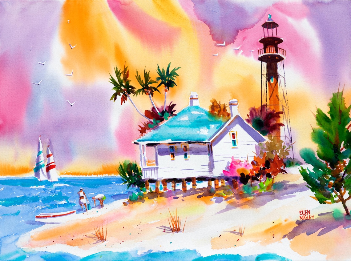 Sanibel Island Lighthouse and Keeper Cottage at Sunset Beach Poster