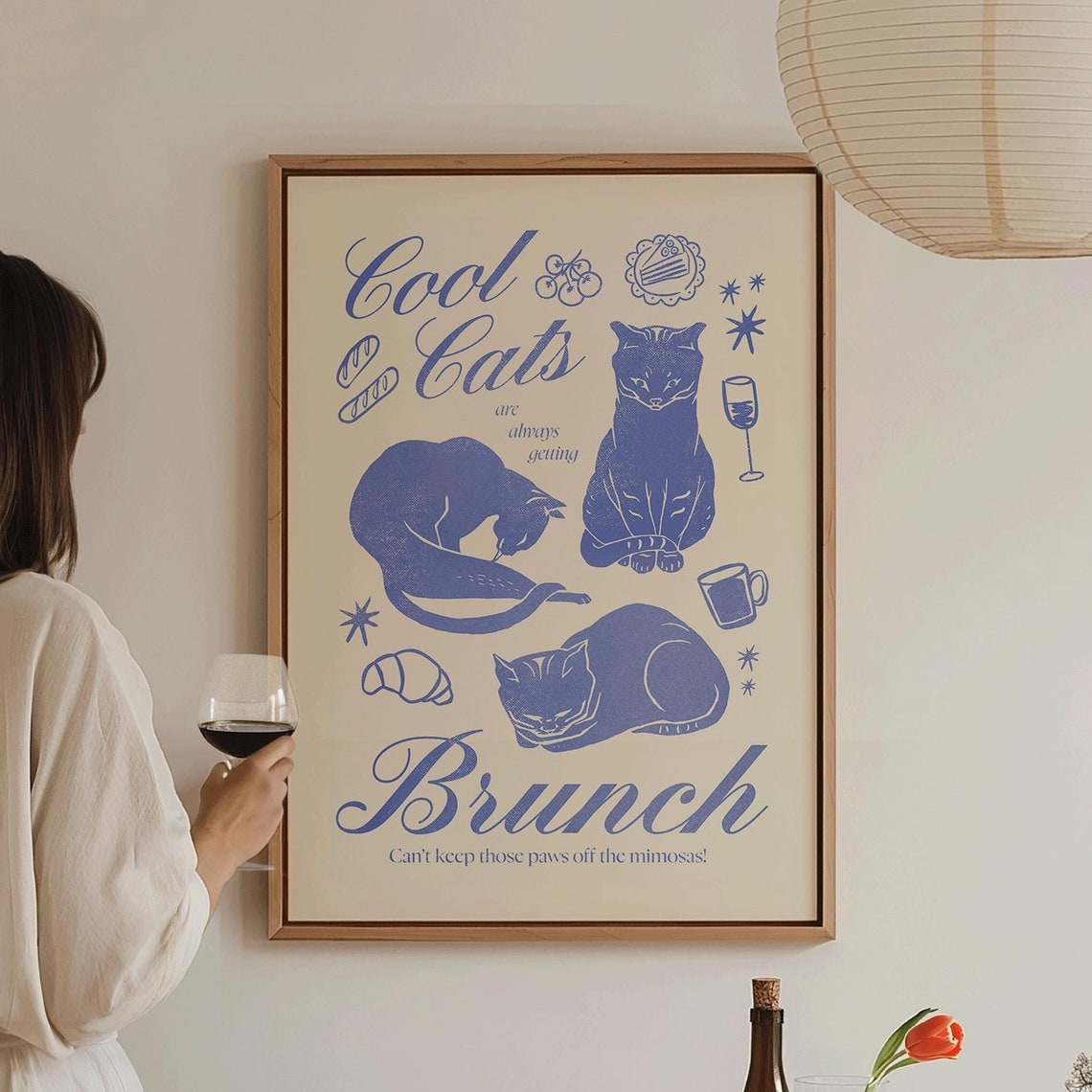 Cool Cats Brunch Funny Blue Retro Cat Illustration Kitchen Poster