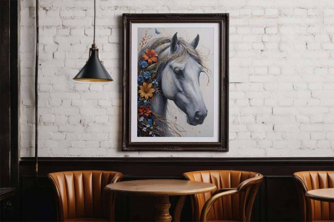 Graceful White Horse Profile with Colorful Flowers in Mane Poster - Image 3