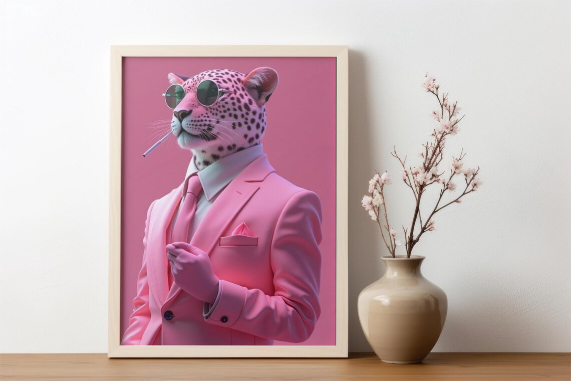Tiger In Pink Suit, Maximalist Animal Art Print